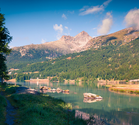 Sunny summer morning on Silvaplana lake. Picturesque outdoor scene in Swiss Alps, Sondrio province Lombardy region, Italyの写真素材