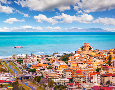 Colorful spring view of Brolo town, Messina. Beautyiful morning scene on the Mediterranean shore sea, Sicily, Italy, Europe. Beauty of marine resort concept background.の写真素材