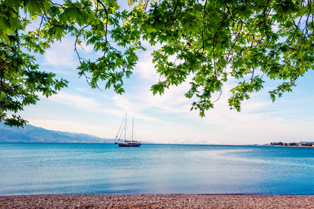 Beautiful spring view of the Nafpaktos shore. Fantastic morning scene of the Gulf of Corinth, Greece, Europe.の写真素材