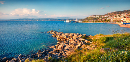 Great morning view of Pilos town. Colorful spring scene of the Ionian Sea. Beautiful cityscape panorama of Greece city.の写真素材