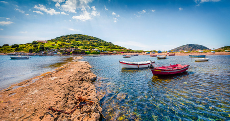 Splendid spring panorama of the Nuevo Loca Beach. Sunny morning seascape of the Aegean sea, Palaia Fokaia location, Greece, Europe.の写真素材