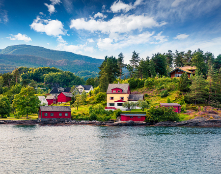 Splendid summer view of typical Norwegian village on the shore of fjord. Traveling concept background.
Artistic style post processed photo.の写真素材