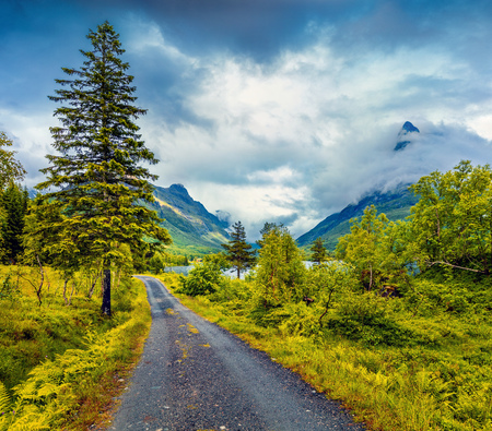 Splendid summer view of the Innerdalsvatna lake. Colorful morning scene in Norway, Europe. Beauty of nature concept background. Artistic style post processed photo.の写真素材