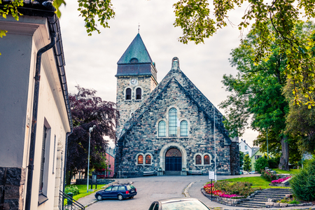 Picturesque view of Alesund Church. Alesund town, west coast of Norway, at the entrance to the Geirangerfjord. Colorful morning cityscape. Traveling concept background.の写真素材