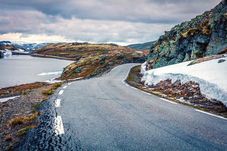 Traveling on the famous Aurlandsvegen - Mountain road (Bjorgavegen), Aurland in Sogn og Fjordane county, Norway. Beautiful summer landscape in the North. Traveling concept background.の写真素材