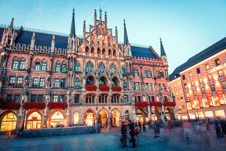 Great evening view of Marienplatz - City-center square & transport hub with towering St. Peter's church, two town halls and a toy museum, Munich, Bavaria, Germany, Europe.の写真素材