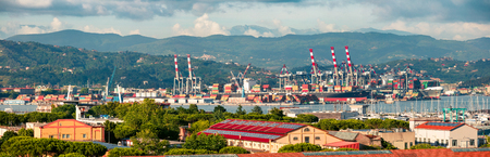 Colorful spring view of port of La Spezia city. Sunny morning scene of Mediterranean sea, Liguria, Italy, Europe. Magnificent Mediterranean landscape.の写真素材