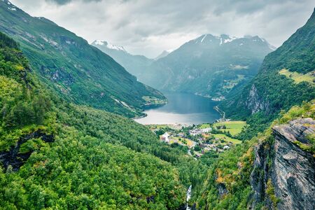 Aerial view of Geiranger port, western Norway, Europe. Spectacular summer scene of Sunnylvsfjorden fjord. Traveling concept background.の写真素材