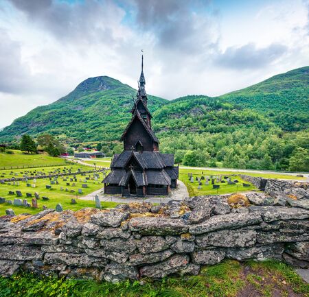 Beautiful summer view of Borgund Stave Church, located in the village of Borgund in the municipality of Lerdal in Sogn og Fjordane county, Norway. Traveling concept background.の写真素材