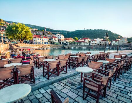 Colorful morning view of the Nafpaktos port. Sunny spring scene of the Gulf of Corinth, Greece,...