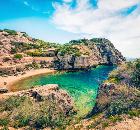 Wonderful spring view of West Court of Heraion of Perachora, Limni Vouliagmenis location. Colorful morning seascape of Aegean sea, Greece, Europe. Traveling concept background.の写真素材