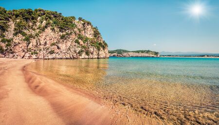 Attractive spring view of Voidokilia beach. Sunny morning seascape of Ionian Sea, Pilos town location, Greece, Europe. Beauty of nature concept background. Artistic style post processed photo.の写真素材