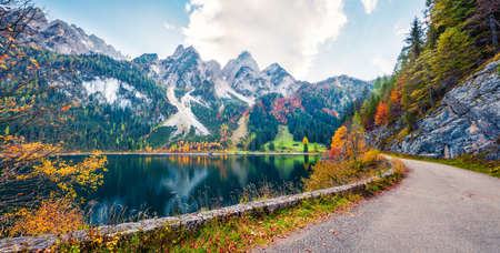 Wonderful autumn scene of Vorderer ( Gosausee ) lake. Attractive morning view of Austrian Alps, Upper Austria, Europe. Traveling concept background. Orton Effect.の写真素材