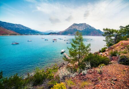 Picturesque Mediterranean seascape in Turkey, Asia. Colorful spring view of Adrasan beach with Moses Mountain on background. Traveling concept background.の写真素材