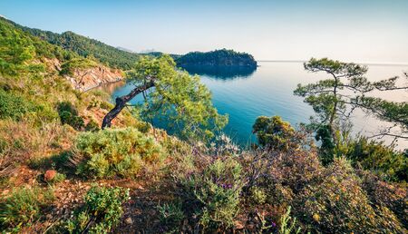 Exciting Mediterranean seascape in Turkey, Asia. Bright spring view of a small azure bay near the Tekirova village, District of Kemer, Antalya Province. Beauty of nature concept background.の写真素材