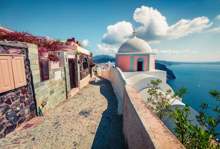 Perfect  morning view of Santorini island. Picturesque spring scene of famous Greek resort Thira, Greece, Europe. Traveling concept background. Artistic style post processed photo.の写真素材