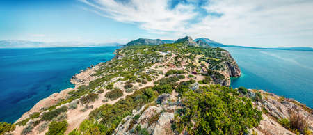 From the bird's eye view of West Court of Heraion of Perachora, Limni Vouliagmenis location. Bright morning seascape of Aegean sea, Greece, Europe. Traveling concept background.の写真素材