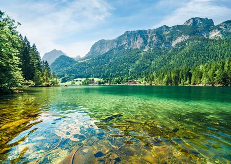 Breathtaking summer scene of Hintersee lake. Fantastic morning view of Bavarian Alps on the Austrian border, Germany, Europe. Beauty of nature concept background.の写真素材
