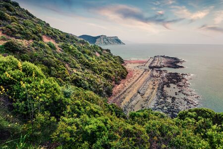Aerial view of Kanoula beach. Impressive morning seascape of Ionian Sea. Exotic spring sunrise of Corfu island, Greece, Europe. Beauty of nature concept background.の写真素材