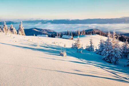 First sunlight glowing mountain hills and valleys in Carpathians. Sunny winter sunrise in mountain...