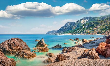 Stunning spring view of Avali Beach. Picturesque morning seascape of Ionian sea. Wonderful outdoor scene of Lefkada Island, Greece, Europe. Beauty of nature concept background.の写真素材