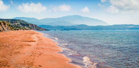 Panoramic spring view of Megas Lakkos Beach. Colorful morning scene of Cephalonia island, Greece, Europe. Amazing seascape of Ionian Sea. Traveling concept background.の写真素材