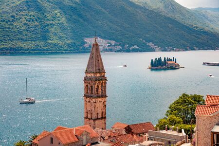 Bright summer view of Perast town. Splendid morning scene of Kotor Bay, Montenegro, Europe. Traveling concept background. Beautiful world of Mediterranean countries.の写真素材
