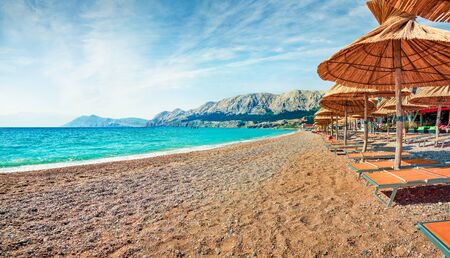 Colorful morning view of Bashka Beach in Baska town. Amazing summer seascape of Adriatic sea, Krk island, Kvarner bay archipelago, Croatia, Europe. Beautiful world of Mediterranean countries.の写真素材