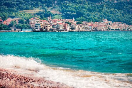 Sunny morning cityscape of Bashka town. Amazing summer seascape of Adriatic sea, Krk island, Kvarner...