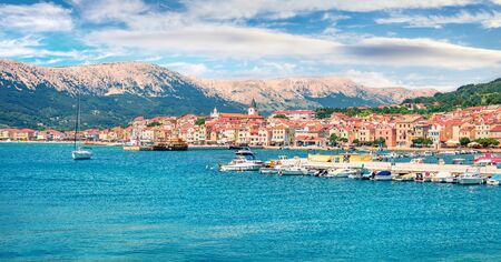 Splendid morning cityscape of Bashka town. Colorful summer seascape of Adriatic sea, Krk island,...