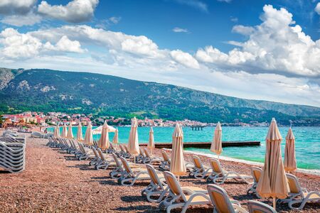 Sunny morning scene of Baska Beach. Captivating summer seascape of Adriatic sea, Baska town location, Krk island, Kvarner bay archipelago, Croatia, Europe. Beautiful world of Mediterranean countries. の写真素材