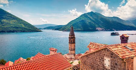 Bright summer view of Perast town. Splendid morning scene of Kotor Bay, Montenegro, Europe....