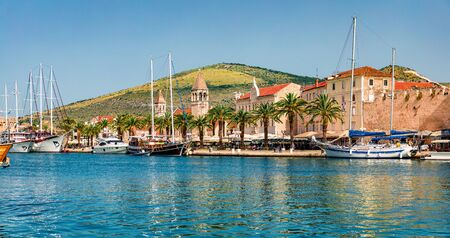 Romantic summer cityscape of Trogir town. Sunny morning seascape of Adriatic sea. Beautiful world of...