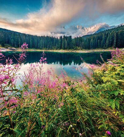 Incredible summer view of Carezza (Karersee) lake. Amazing morning scene of Dolomiti Alps, Province of Bolzano, South Tyrol, Italy, Europe. Beauty of nature concept background.の写真素材