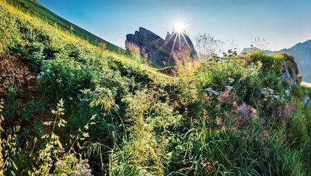 Bright morning view of Furchetta peak. Majestic summer scene of Funes Valley. Great sunset in Puez...