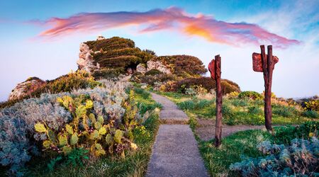 Exciting spring view of Milazzo cape. Fantastic sunrise on Sicily, Italy, Europe. Amazing seascape of Mediterranean sea. Beauty of nature concept background.の写真素材