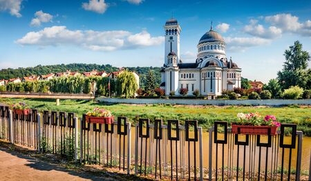 Sunny morning cityscape of Sighisoara with Holy Trinity Church on background. Stunning summer view of medieval town of Transylvania, Romania, Europe. Traveling concept background.
の写真素材