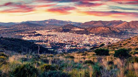 Unbelievable sunrise in Sicily, Italy. Picturesque morning cityscape of Bagheria town, Metropolitan...
