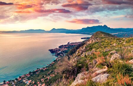 Spectacular morning view of Bagheria town and national park Orientata Pizzo Cane, Pizzo Trigna e...
