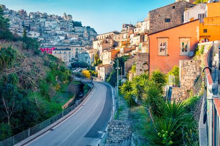 Beautiful spring cityscape of Ragusa town with Santa Maria dell'Itria church on background. Bright...