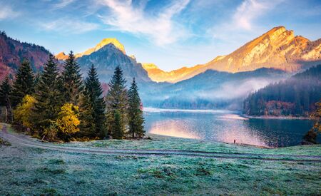 Misty autumn view of Obersee lakewith old country road, Nafels village location. Superb morning scene of Swiss Alps, canton of Glarus in Switzerland, Europe. Beauty of nature concept background.の写真素材