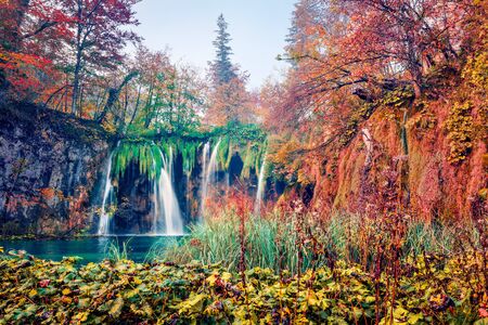 Attractive morning view of pure water waterfall in Plitvice National Park. Magnificent autumn scene of Croatia, Europe. Beauty of nature concept background.の写真素材
