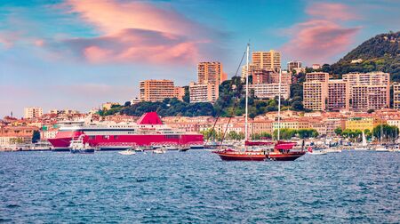 Fantastic summer sunrise on Ajaccio port. Amazing morning scene of Corsica island, France, Europe. Beautiful Mediterranean seascape. Traveling concept background.の写真素材