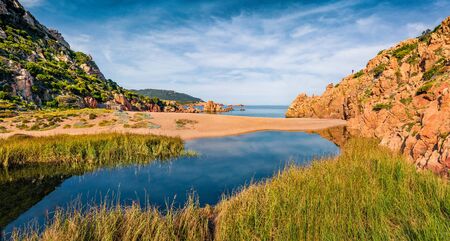 Colorful morning view of Li Cossi beach. Astonishing spring scene of Costa Paradiso, Sardinia island, Italy, Europe. Attractive Mediterranean seascape. Beauty of nature concept background.の写真素材