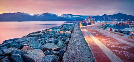 Panoramic evening view of Villasimius port. Great summer sunset on Sardinia island, Italy, Europe. Cololrful seascape of Mediterranean sea. Traveling concept background.
の写真素材
