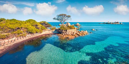 View from flying drone. Stunning spring view of Tamaricciu beach. Aerial morning scene of Corsica island, France, Europe. Impressive Mediterranean seascape. Beauty of nature concept background.の写真素材