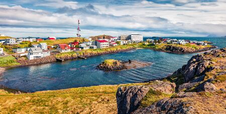 Panoramic summer cityscape of small fishing town - Stykkisholmur. Sunny morning scene of west Iceland, Europe. Traveling concept background. の写真素材