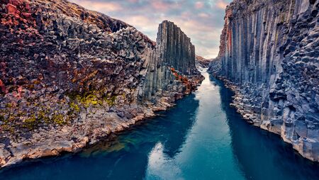 View from flying drone of Studlagil Canyon. Superb morning landscape of Jokulsa A Bru river. Great...