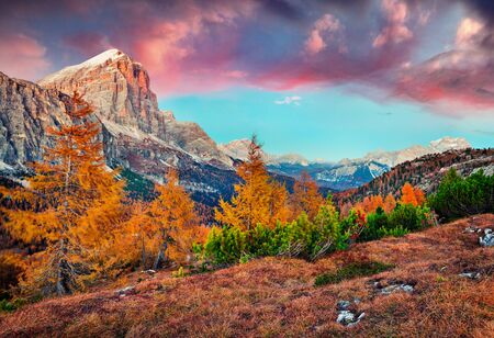 Astonishing view from top of Falzarego pass with Lagazuoi mountain. Fantastic autumn sunrise on Dolomite Alps, Cortina d'Ampezzo lacattion, Italy, Europe. Beauty of nature concept background.の写真素材