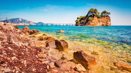 Spectacular summer morning on Port Sostis, Zakinthos island, Greece, Europe. Wooden footbridge to Cameo Island. Beauty of nature concept background. Beautiful world of mediterranean countries.
の写真素材